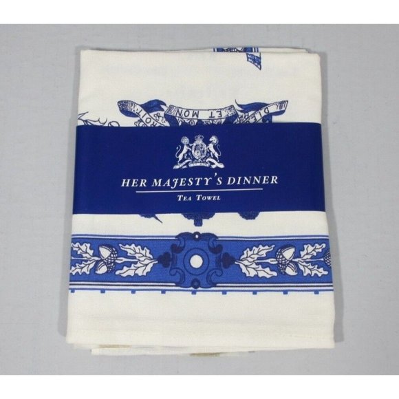 Her Majesty's Dinner Souvenir Tea Towel Royal Collection Blue White Windsor - Picture 1 of 9